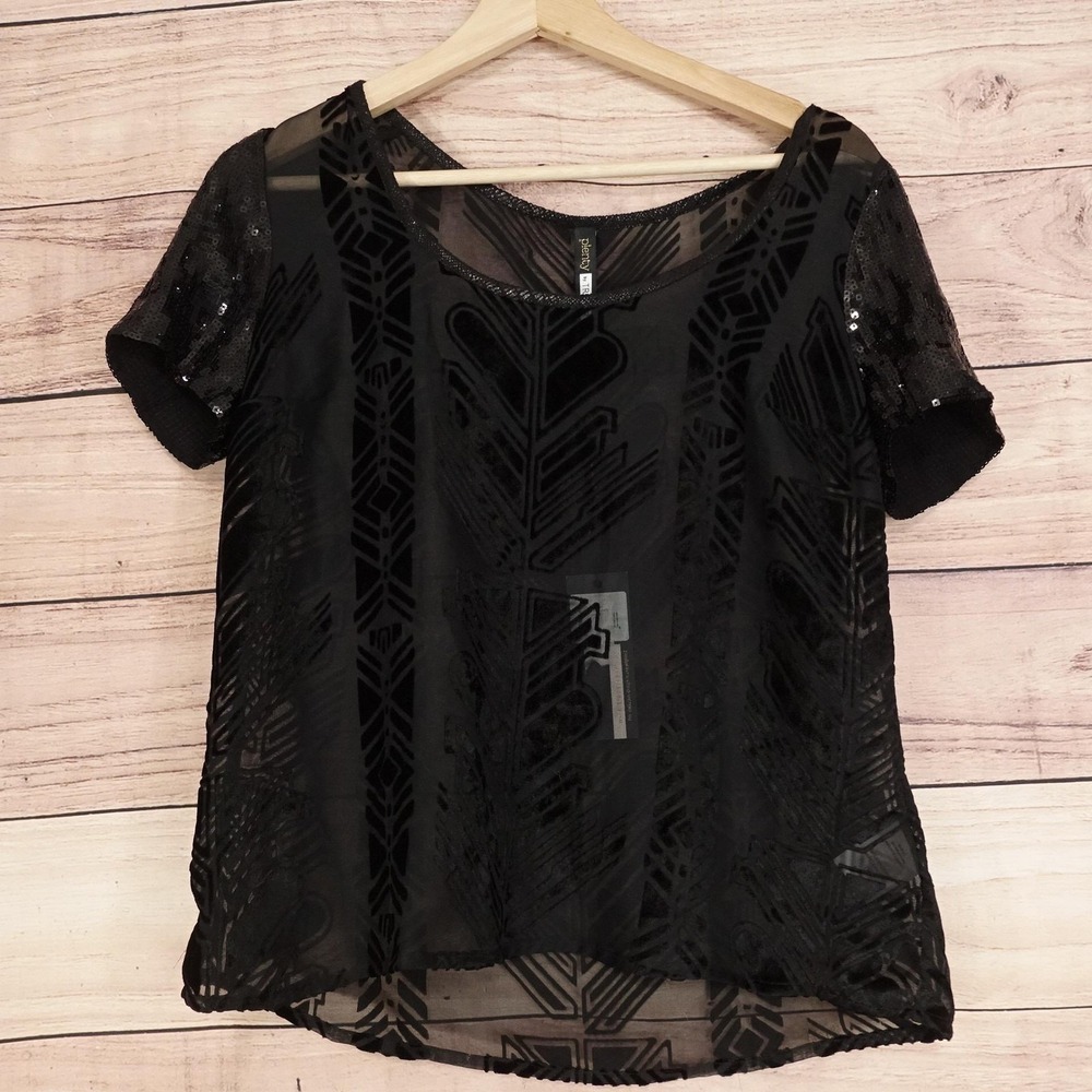 New! Plenty By Tracy Reese Blouse Womens S Black Sequin‎ Sleeve Sheer Party Top